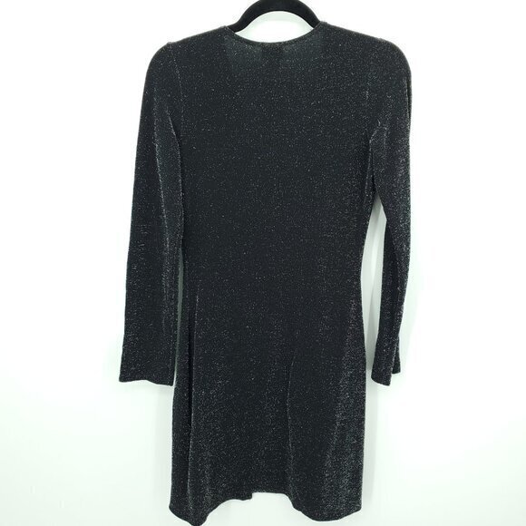 VTG 90s Shimmery Tie Front Long Line Stretchy Cardigan M Black/Silver - Picture 2 of 16